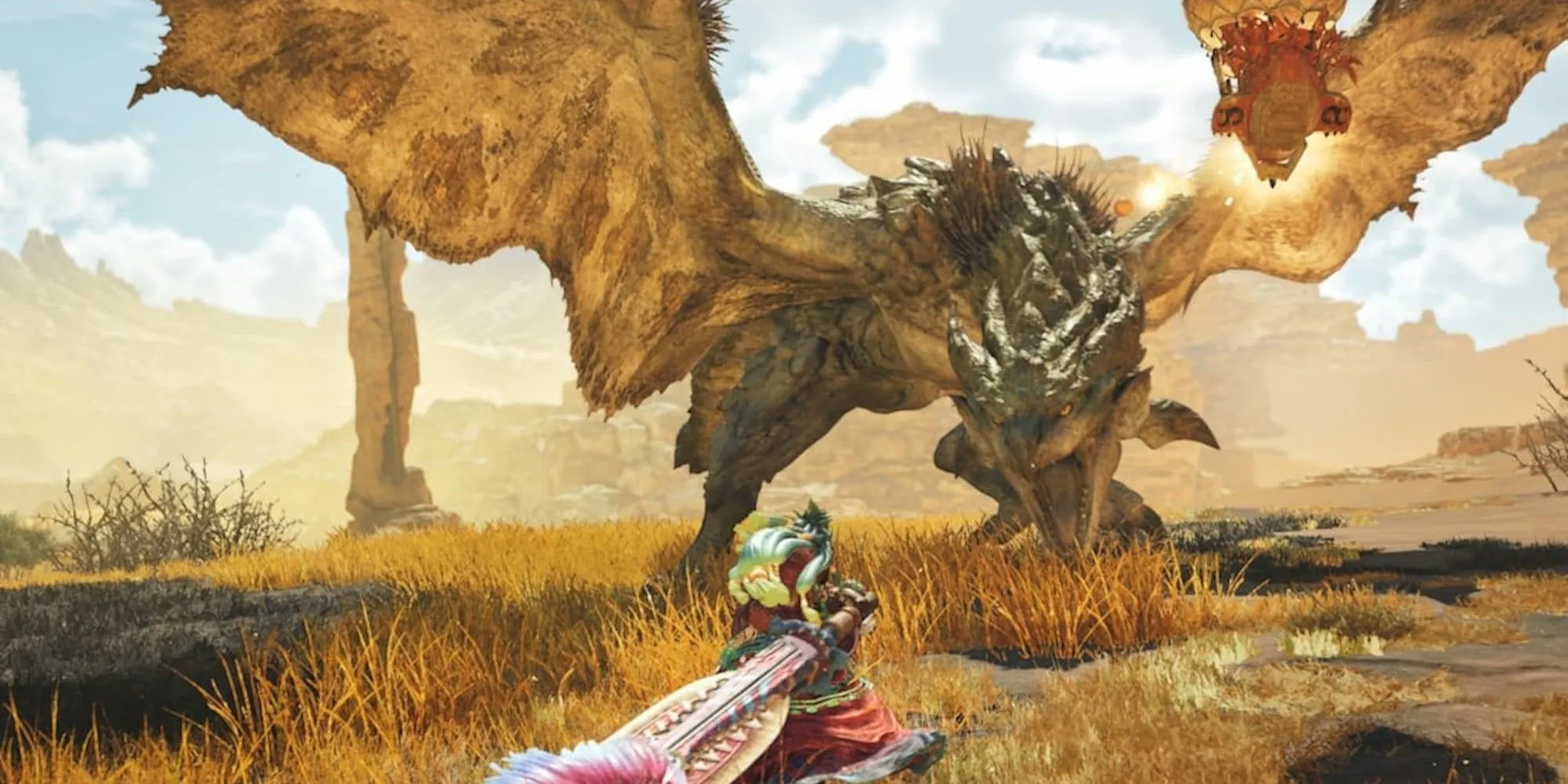 Một thợ săn đang chiến đấu với một sinh vật rồng lớn trong Monster Hunter Wilds.