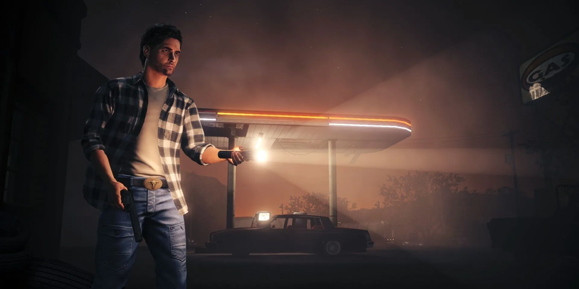 Nhân vật Alan Wake cầm đèn pin trong bóng tối, chuẩn bị đối mặt với kẻ thù