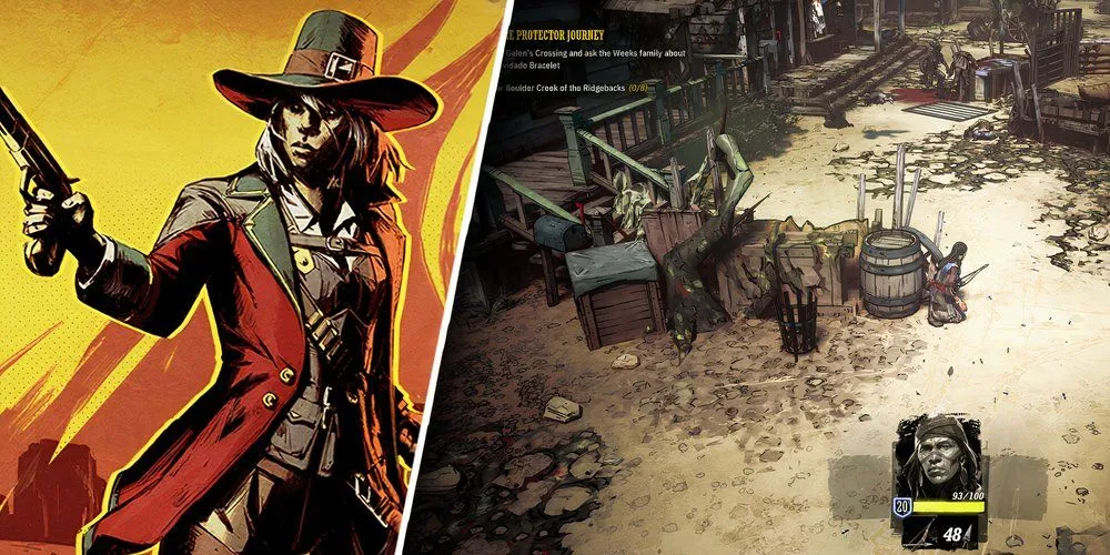 Nhân vật cao bồi trong game Weird West cưỡi ngựa qua vùng đất hoang dã