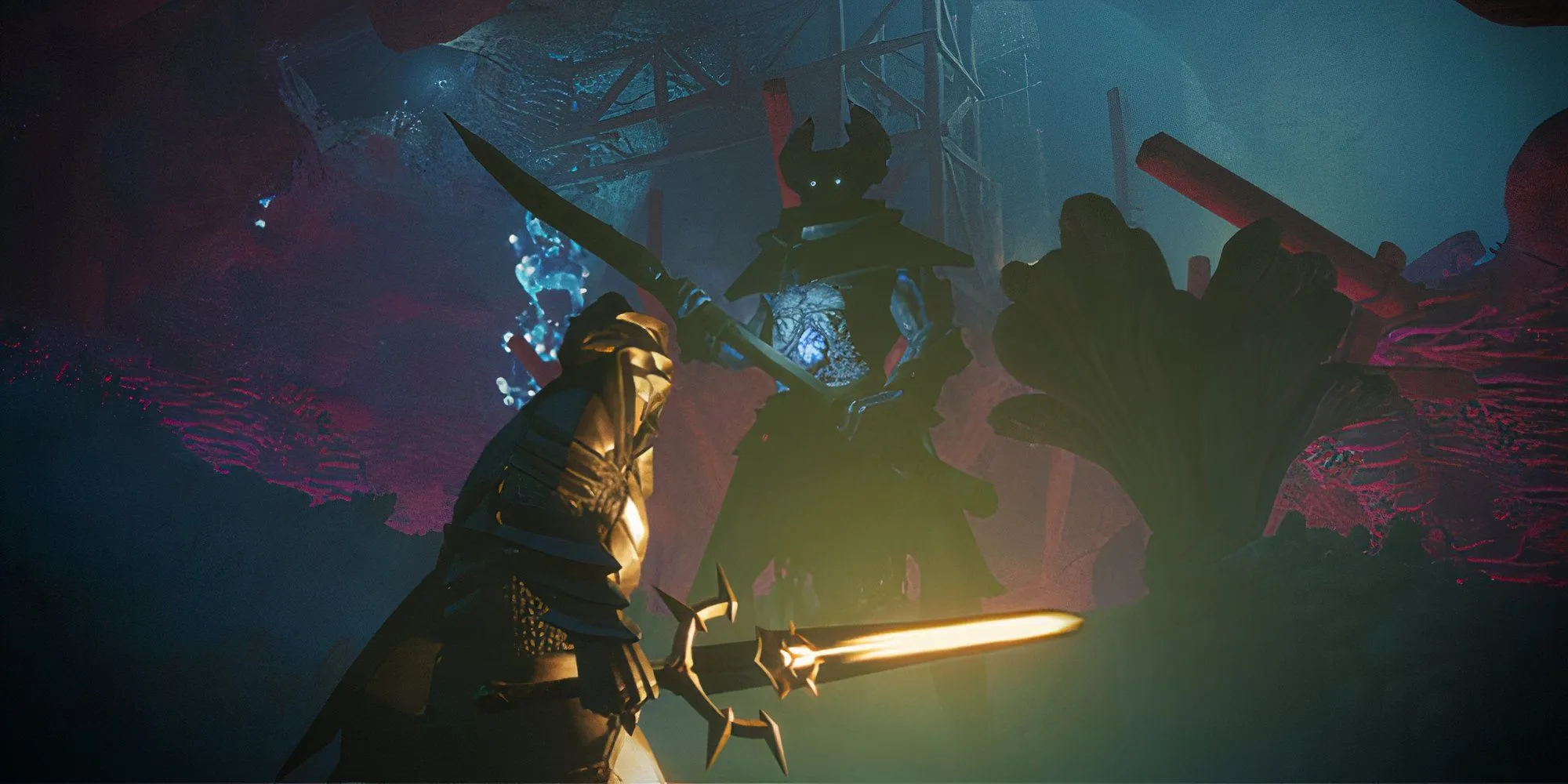 Nhân vật chiến đấu với kẻ thù trong thế giới mở của game Enshrouded