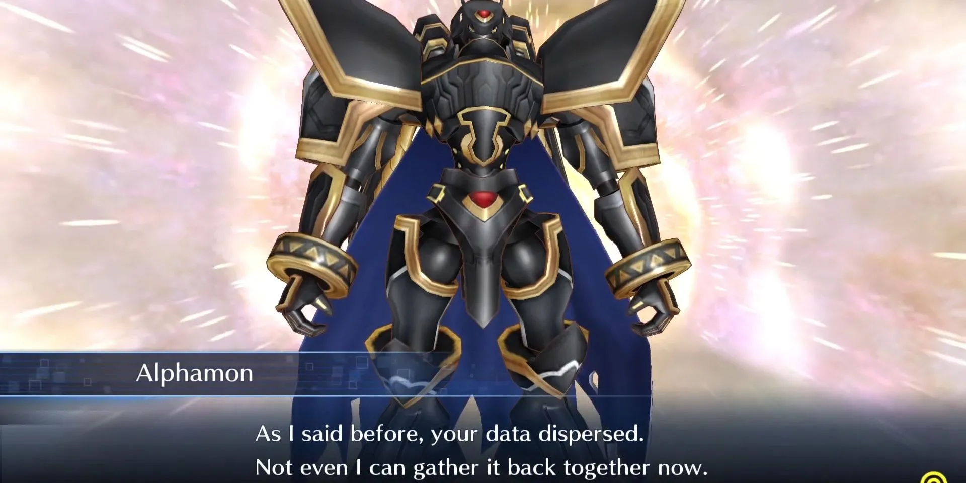 Nhân vật chính Aiba trò chuyện cùng Alphamon trong thế giới kỹ thuật số của Digimon Story Cyber Sleuth