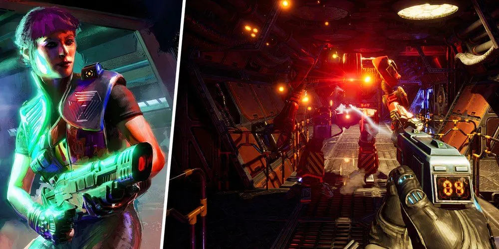 Nhân vật chính đối mặt với kẻ thù robot trong game System Shock Remake