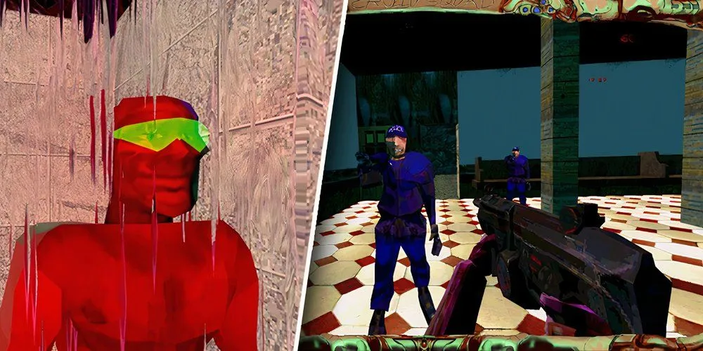 Nhân vật chính trong game Cruelty Squad với đồ họa kỳ dị và màu sắc chói mắt