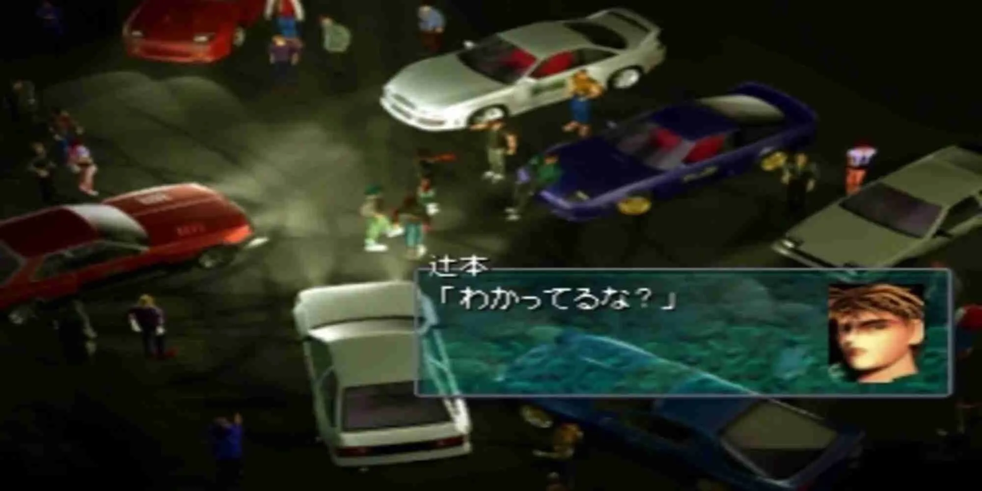 Nhân vật chính và chiếc xe đua tùy chỉnh trong game Racing Lagoon PS1, phong cách JRPG đường phố