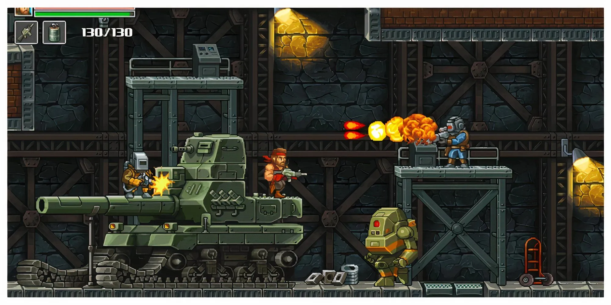 Nhân vật chính Vincent Fury trong Guns of Fury đang chiến đấu với kẻ thù robot