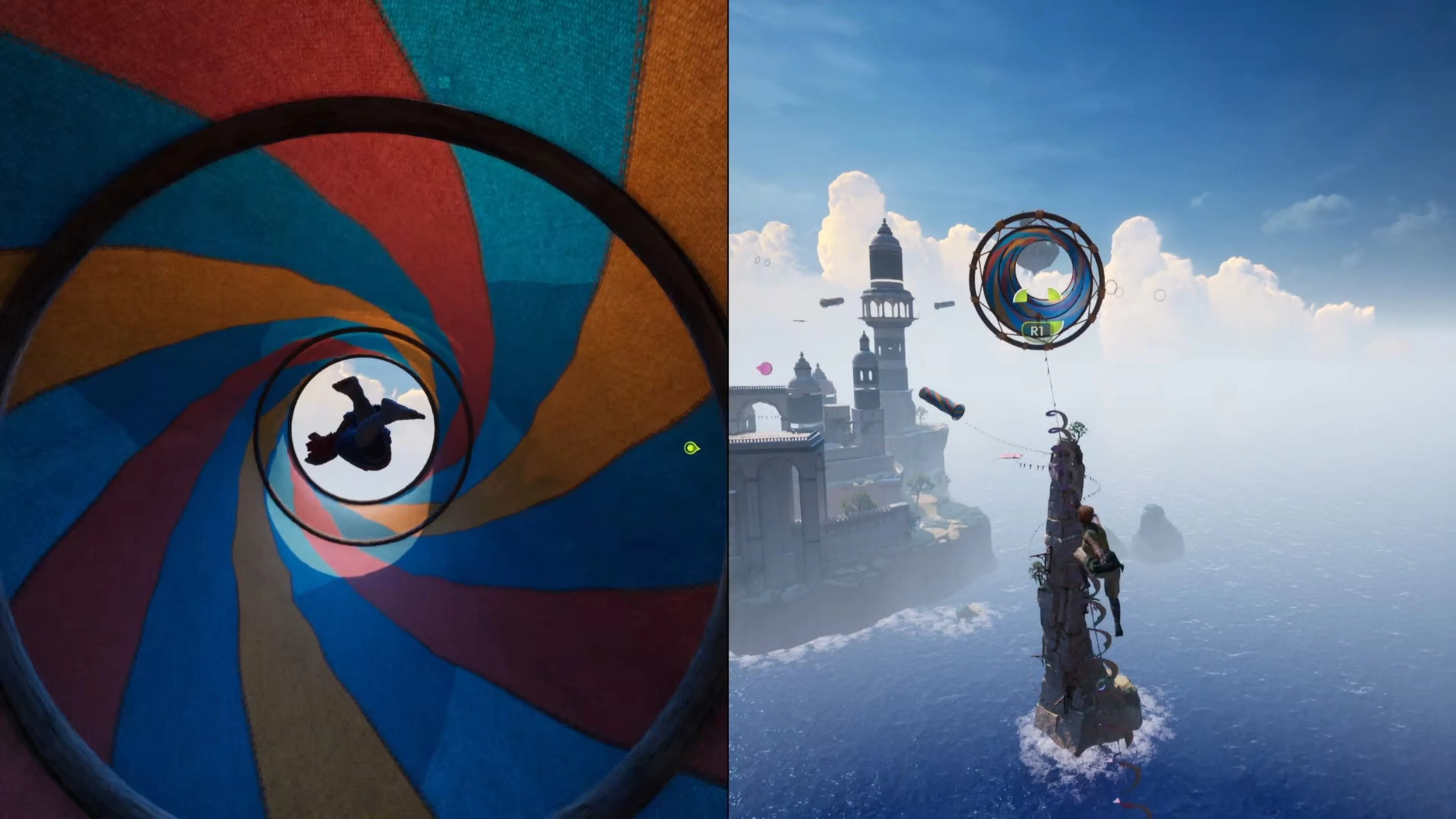 Nhân vật chuẩn bị đu vào ống phóng trong màn chơi Kites của Split Fiction