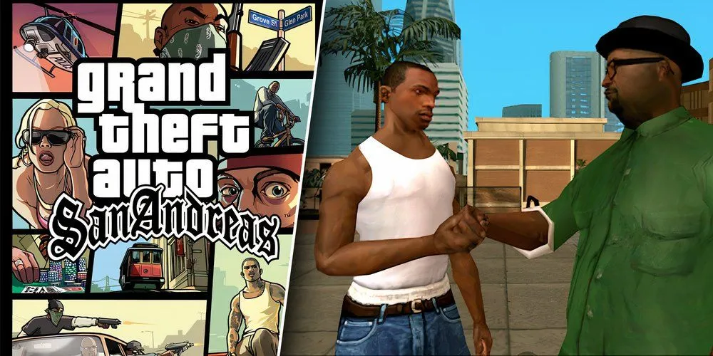 Nhân vật CJ đi xe đạp trong thế giới mở rộng lớn của GTA San Andreas trên PS2