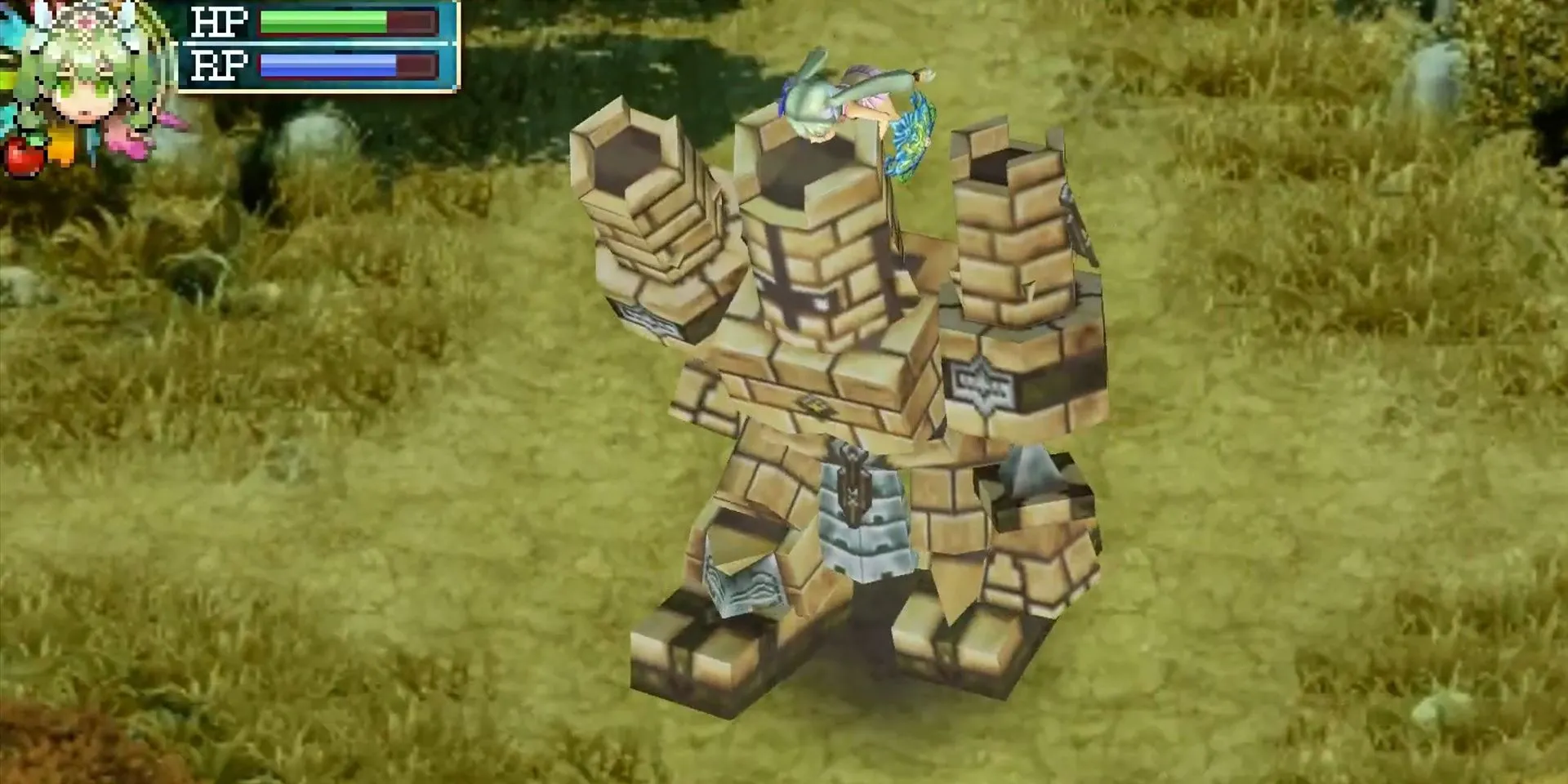 Nhân vật cưỡi Golem làm thú cưỡi trong Rune Factory 4