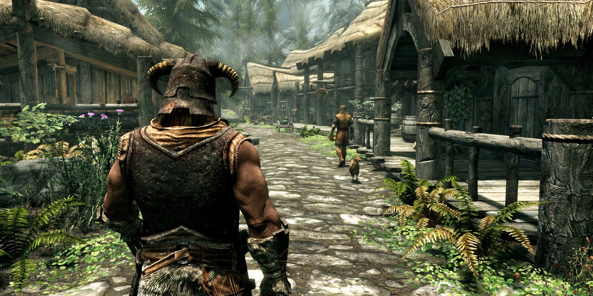 Nhân vật Dragonborn trong Skyrim nhìn ra khung cảnh hùng vĩ của Whiterun