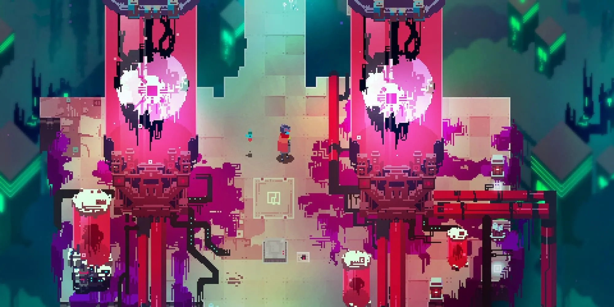 Nhân vật Drifter đứng trên một nền tảng trôi nổi giữa thế giới pixel art hoang tàn của Hyper Light Drifter