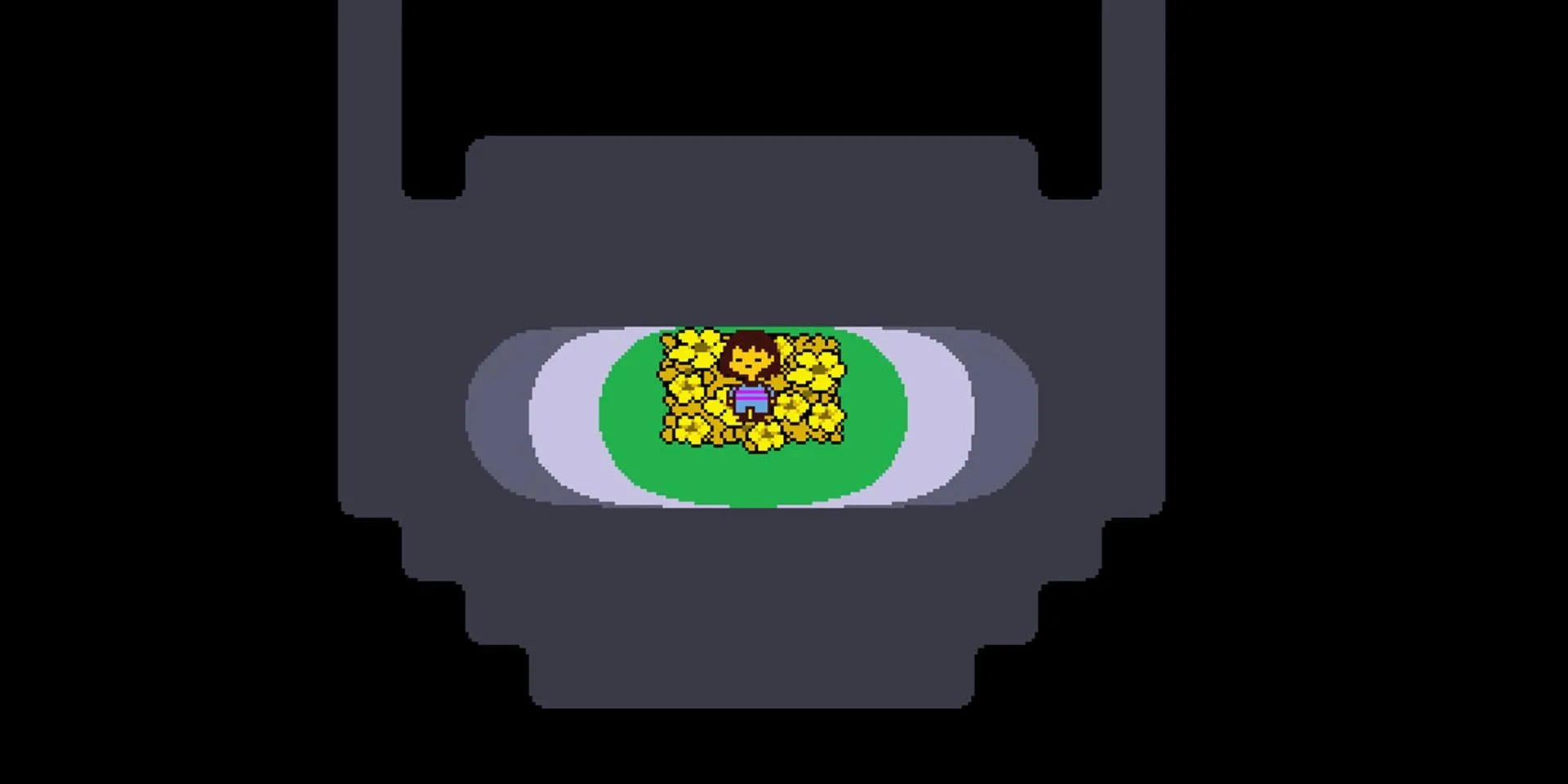 Nhân vật đứng trên một đống hoa vàng trong Undertale, một khung cảnh mang tính biểu tượng của game