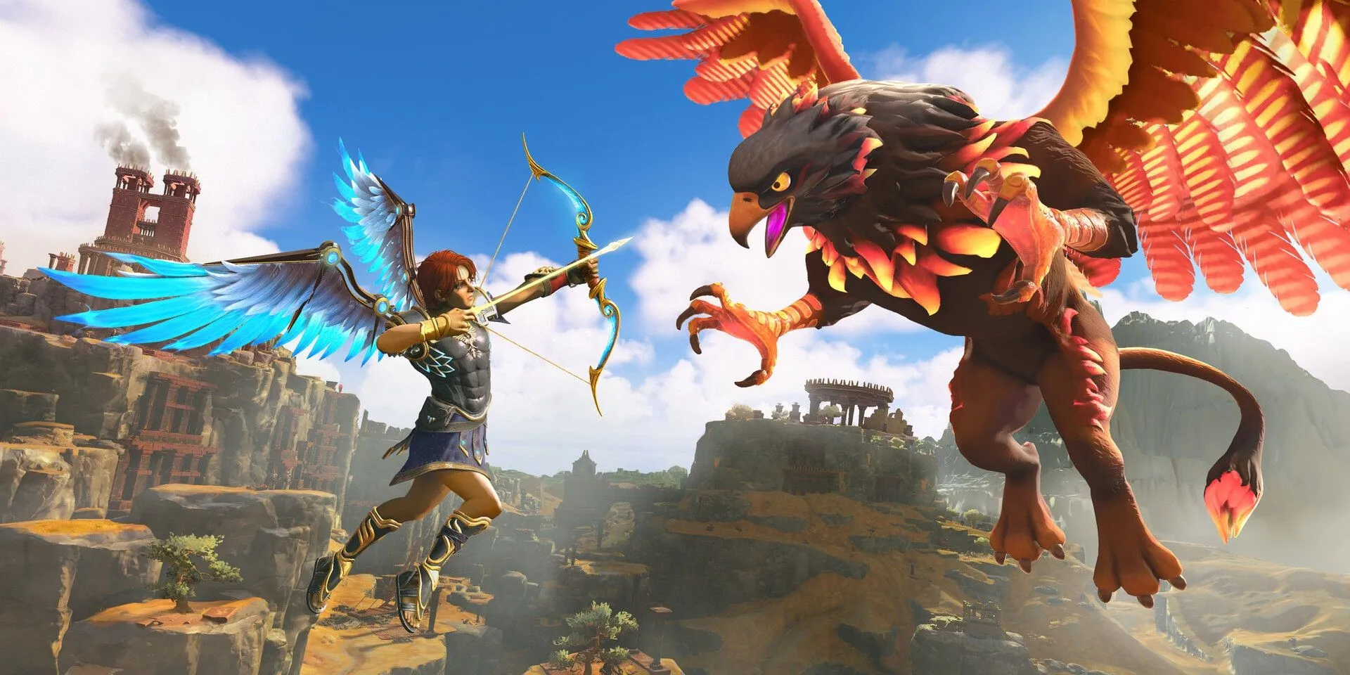 Nhân vật Fenyx bay lượn trên bầu trời thế giới thần thoại Hy Lạp trong Immortals Fenyx Rising