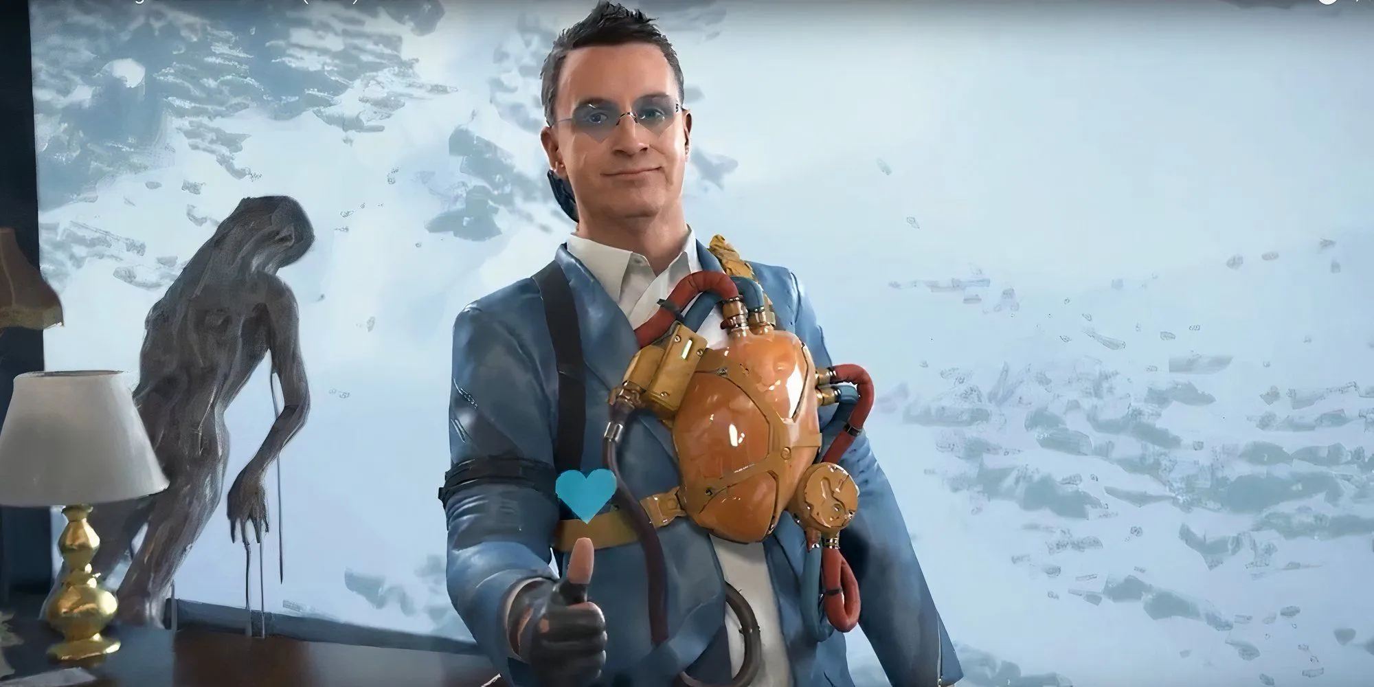 Nhân vật Heartman trong Death Stranding 2 với cặp kính hình trái tim đặc trưng