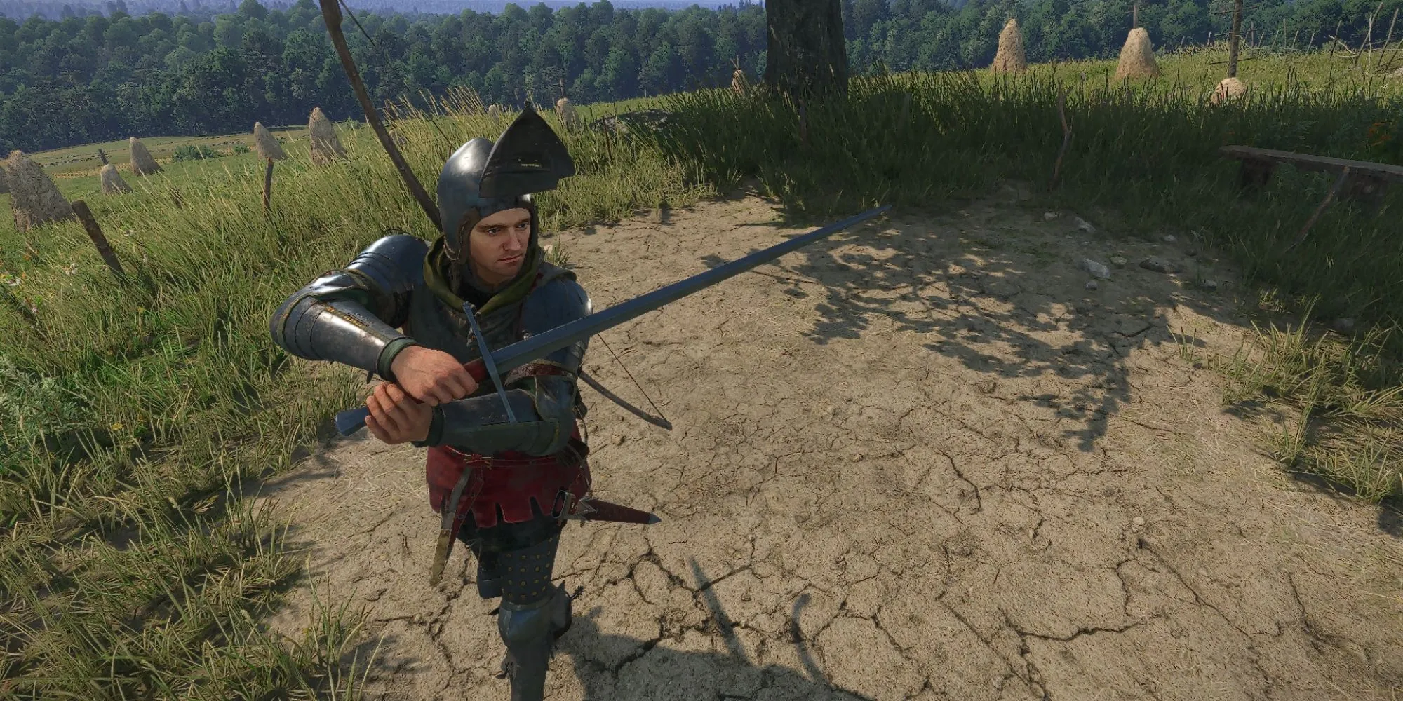 Nhân vật Henry trong Kingdom Come Deliverance 2 cầm Kiếm Dài của Thợ Rèn Menhart đầy uy lực