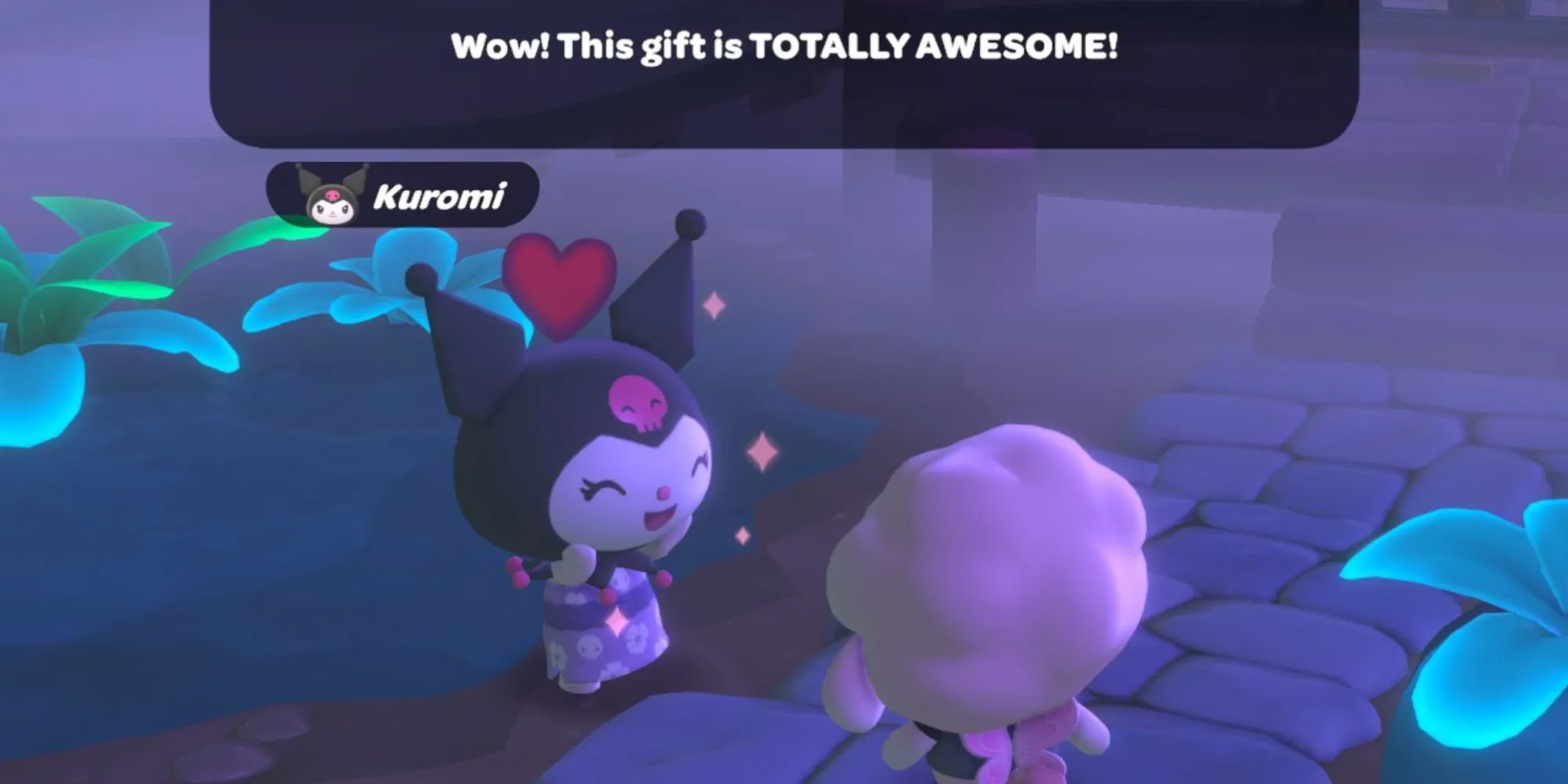 Nhân vật Kuromi nhận quà trong game Hello Kitty Island Adventure