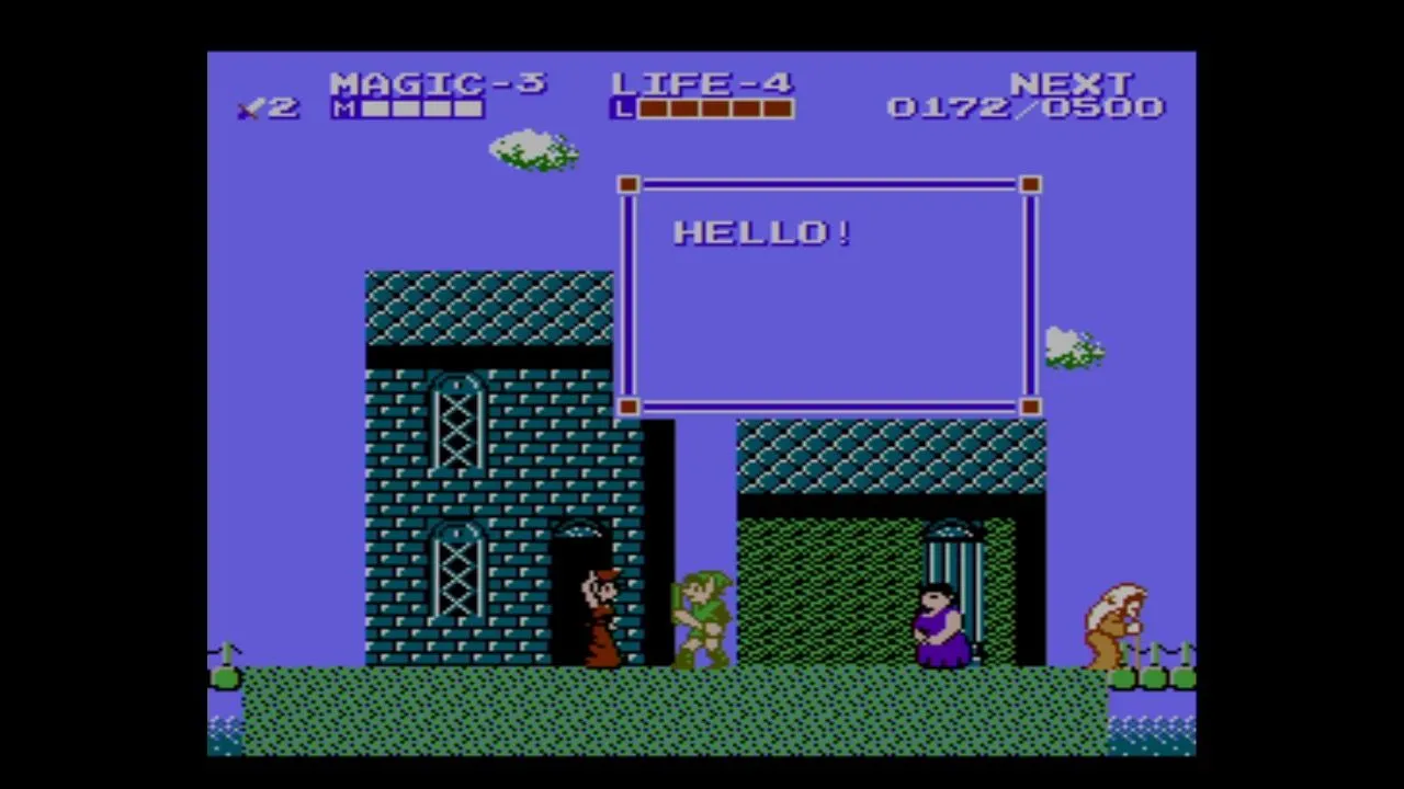 Nhân vật Link đứng trong một thị trấn cổ kính của game Zelda II: The Adventure of Link.
