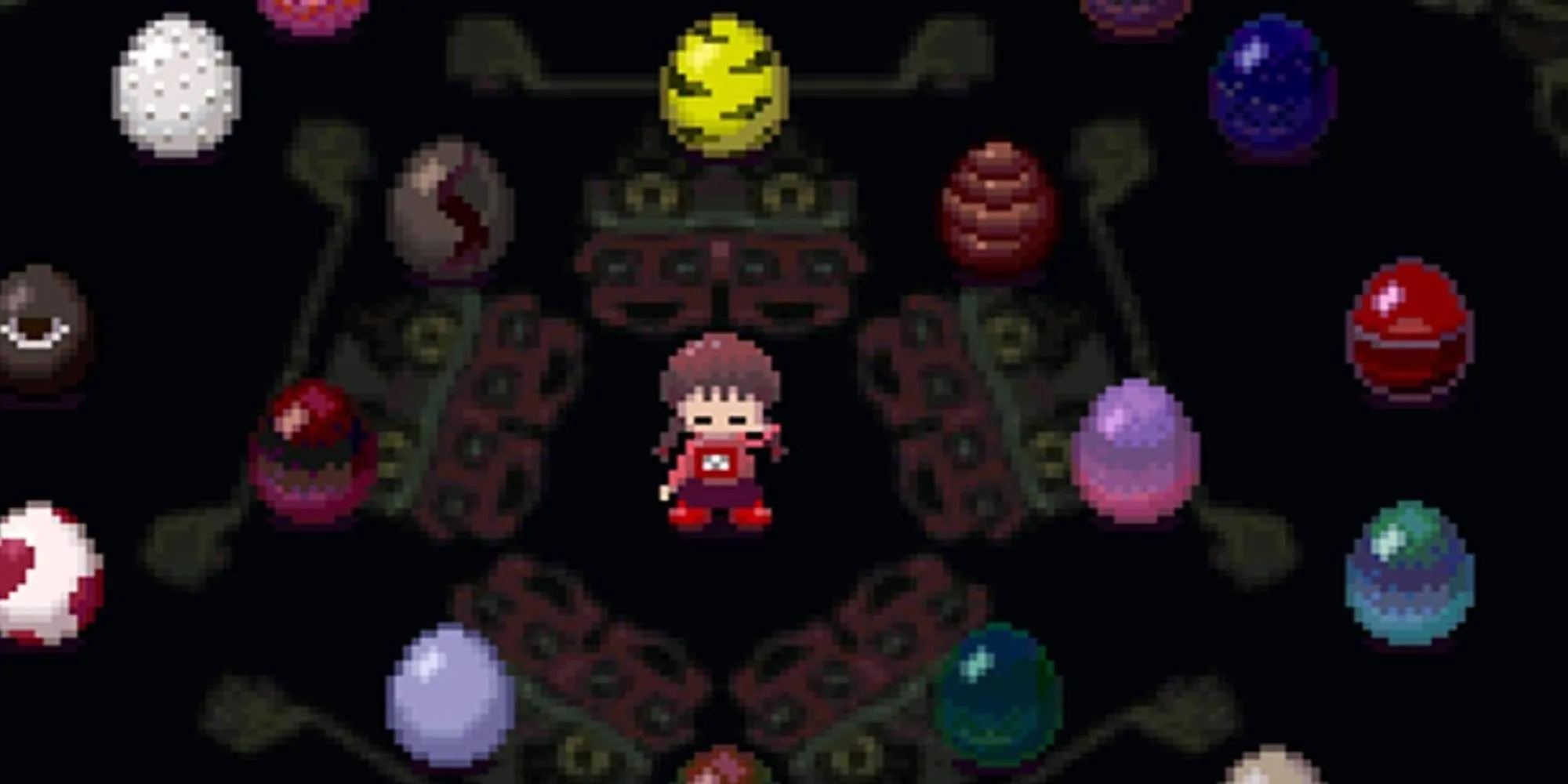 Nhân vật Madotsuki được bao quanh bởi những quả trứng nhiều màu trong game Yume Nikki