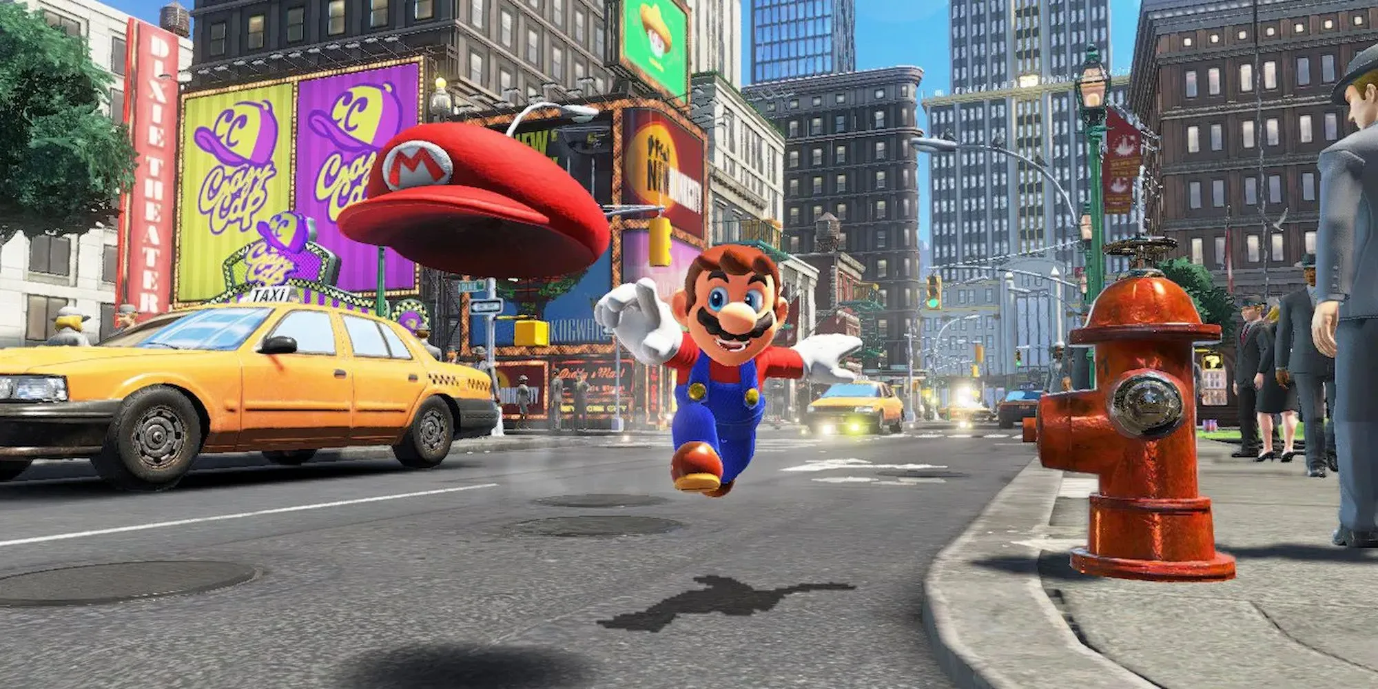 Nhân vật Mario trong Super Mario Odyssey tung chiếc mũ Cappy