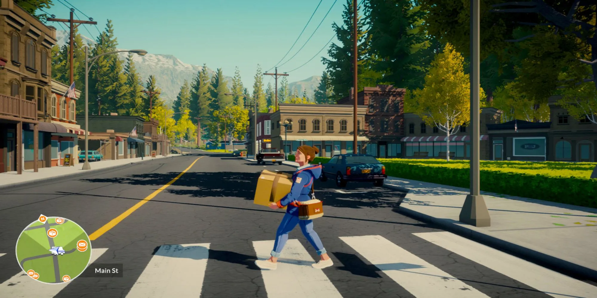 Nhân vật Meredith Weiss xách theo các gói hàng đi qua vạch sang đường trong game Lake