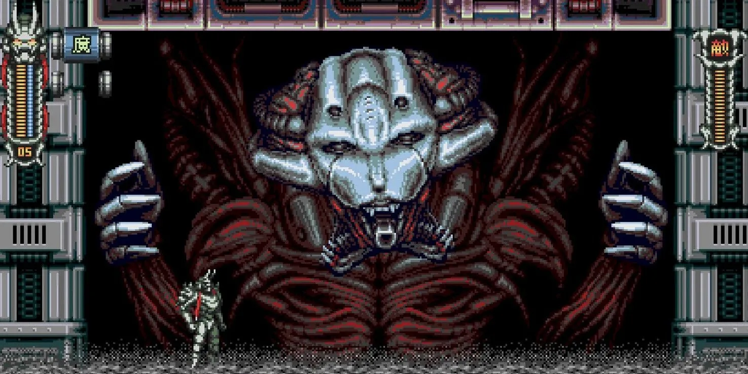 Nhân vật Moonrider trong Vengeful Guardian: Moonrider đang thực hiện một cú nhảy tấn công