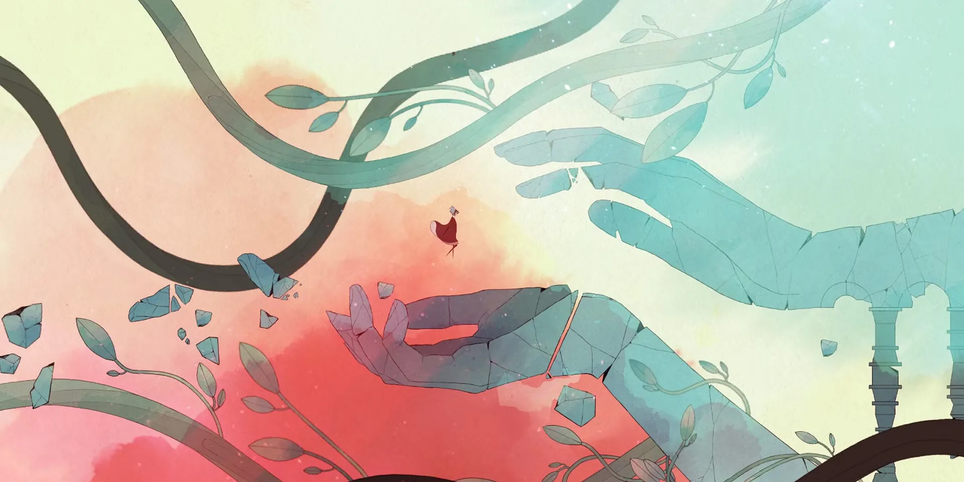 Nhân vật nữ chính trong game GRIS đứng giữa khung cảnh màu nước nghệ thuật tuyệt đẹp
