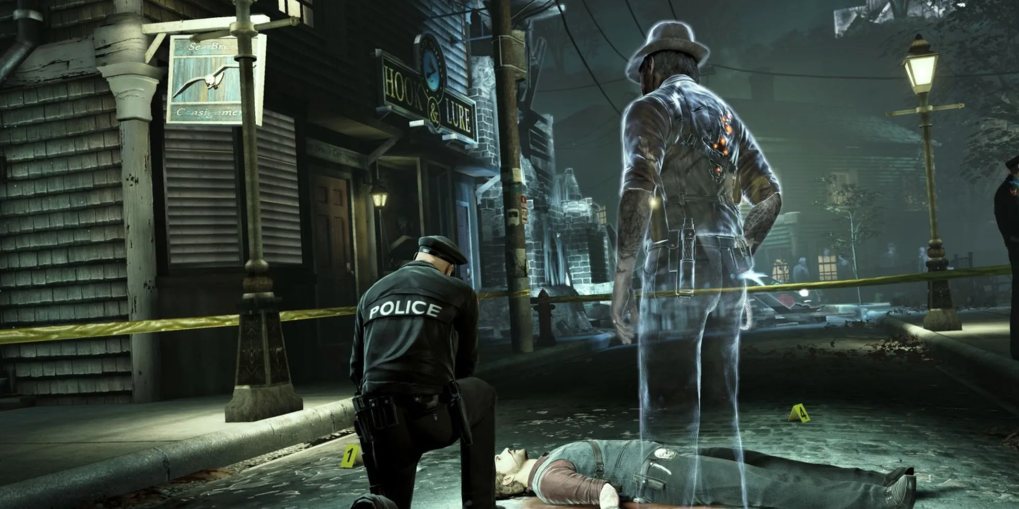 Nhân vật Ronan O'Conner trong Murdered Soul Suspect nhìn xuống xác chết của chính mình