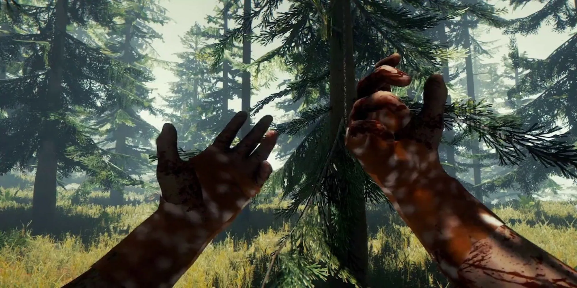 Nhân vật sinh tồn giữa rừng trong game The Forest