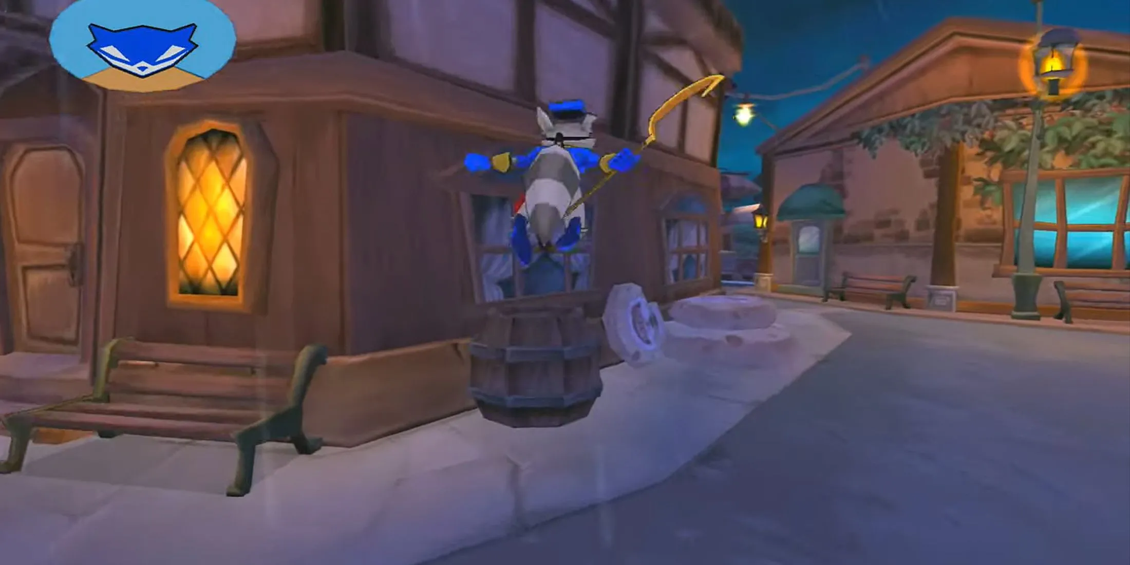 Nhân vật Sly Cooper đang nhảy giữa các mái nhà trong game Sly 3 Honor Among Thieves