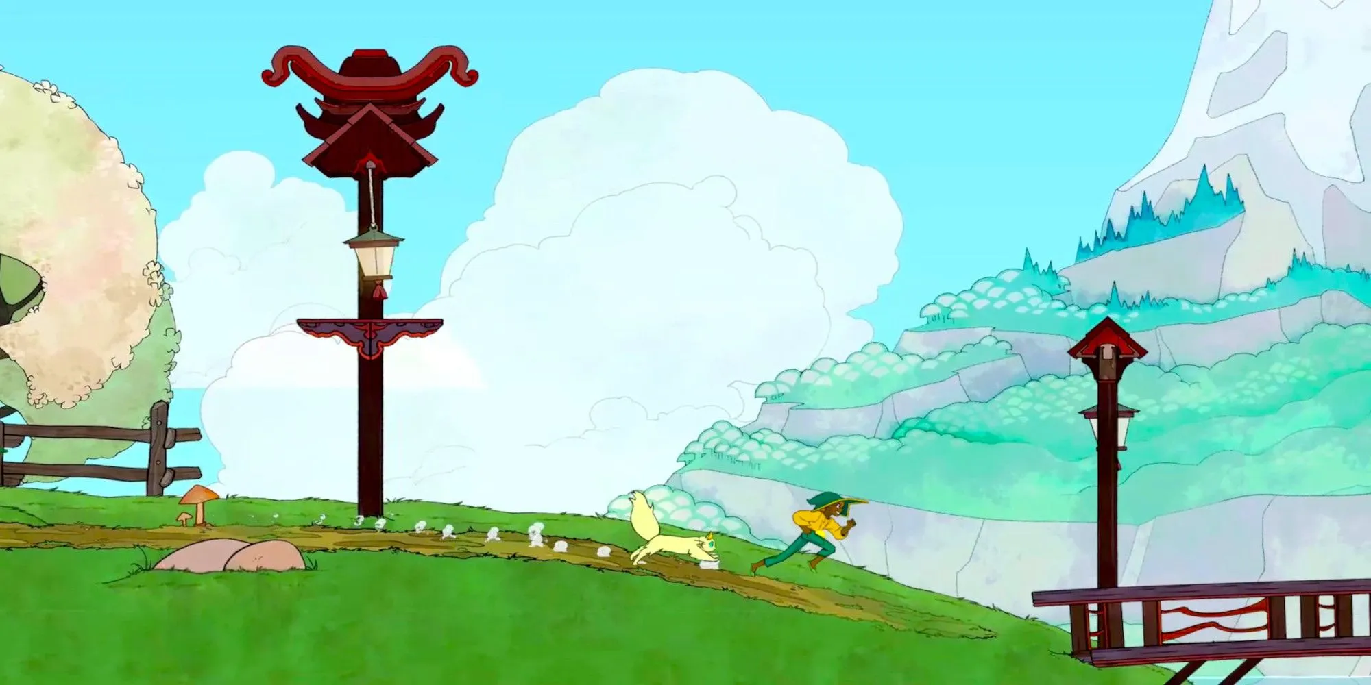 Nhân vật Stella và chú mèo Daffodil chạy trên đồi xanh trong game Spiritfarer