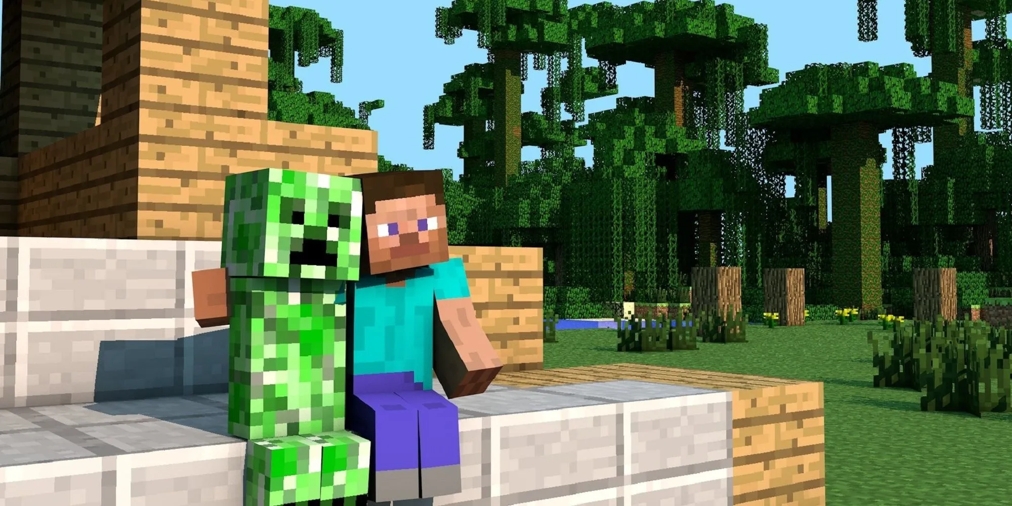 Nhân vật Steve đối mặt với Creeper một biểu tượng quen thuộc trong game Minecraft