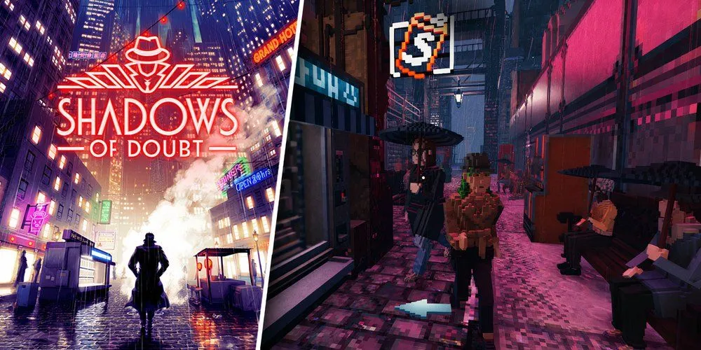 Nhân vật thám tử trong game Shadows of Doubt đứng dưới mưa trong thành phố cyberpunk