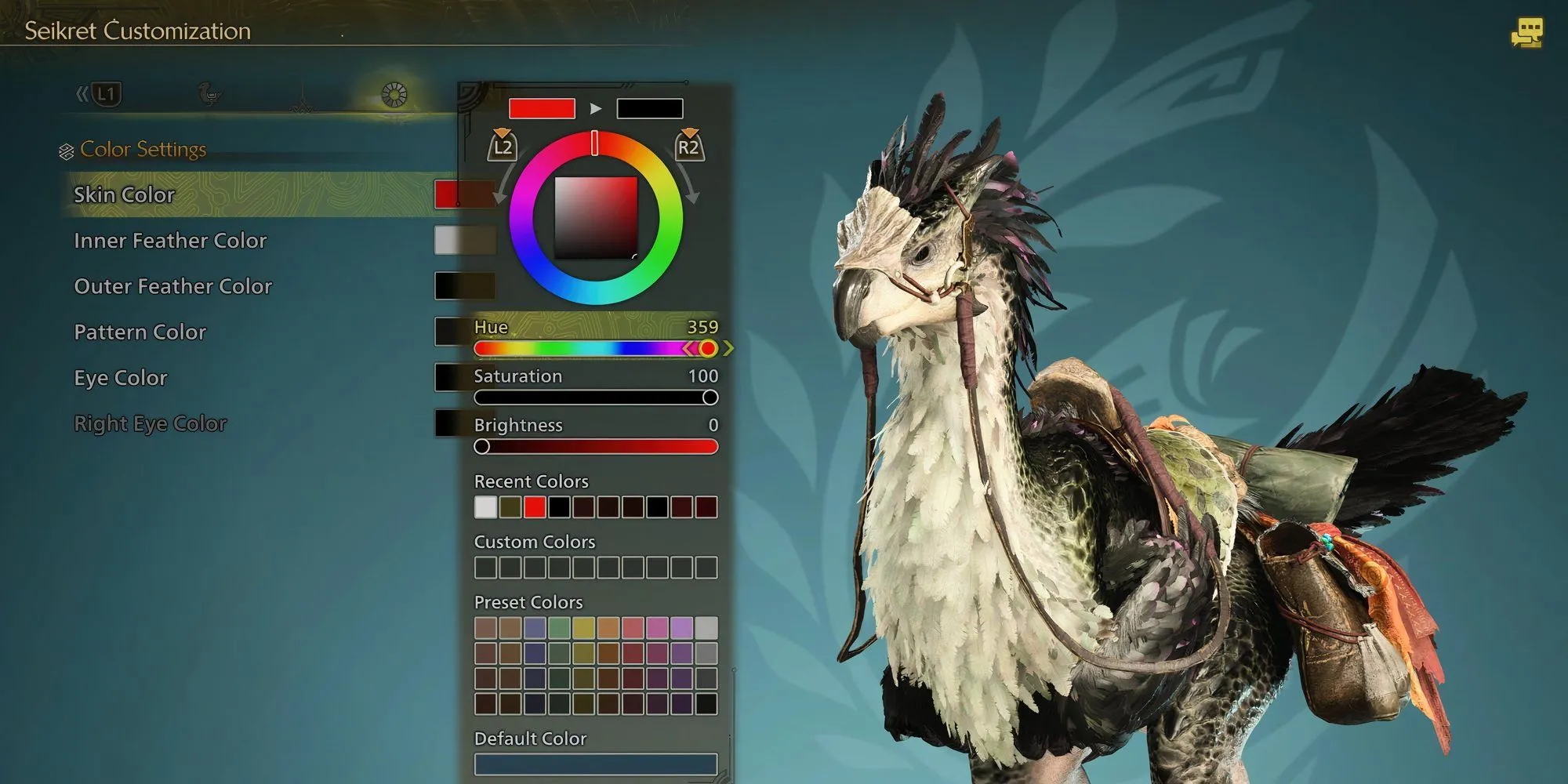 Nhân vật thợ săn đang tùy chỉnh màu sắc chi tiết cho Seikret trong Monster Hunter Wilds