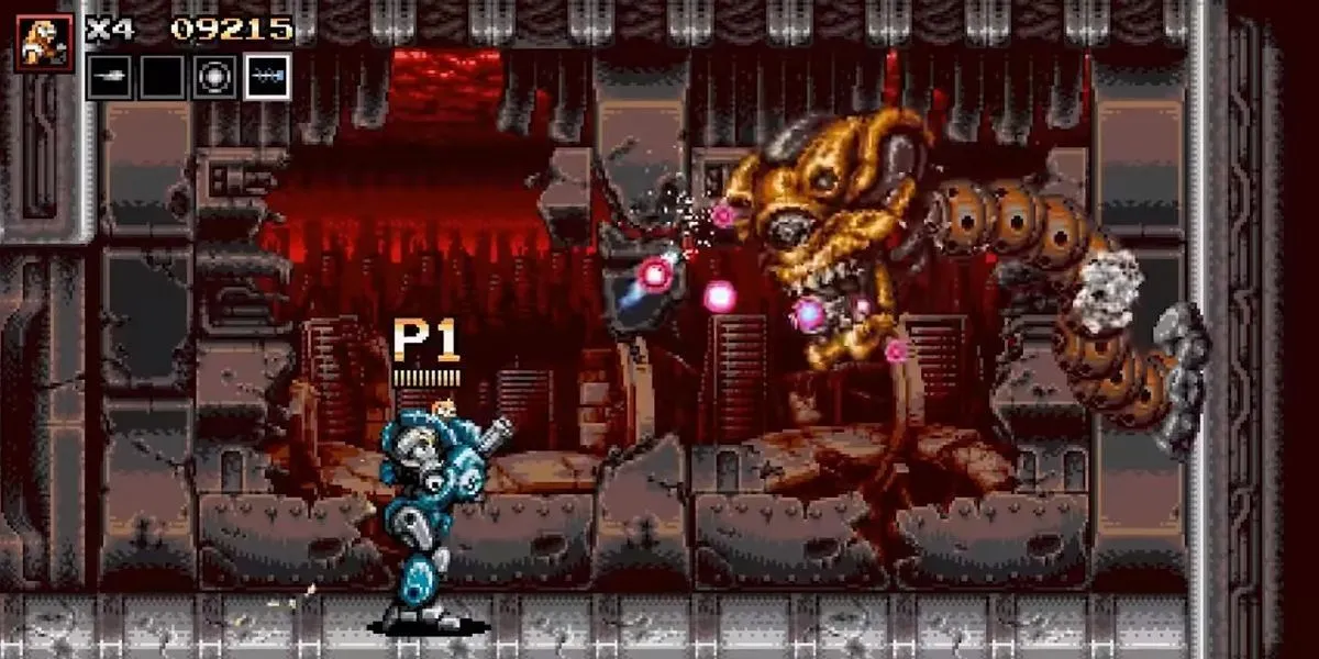 Nhân vật trong Blazing Chrome đang chiến đấu ác liệt giữa khung cảnh đổ nát