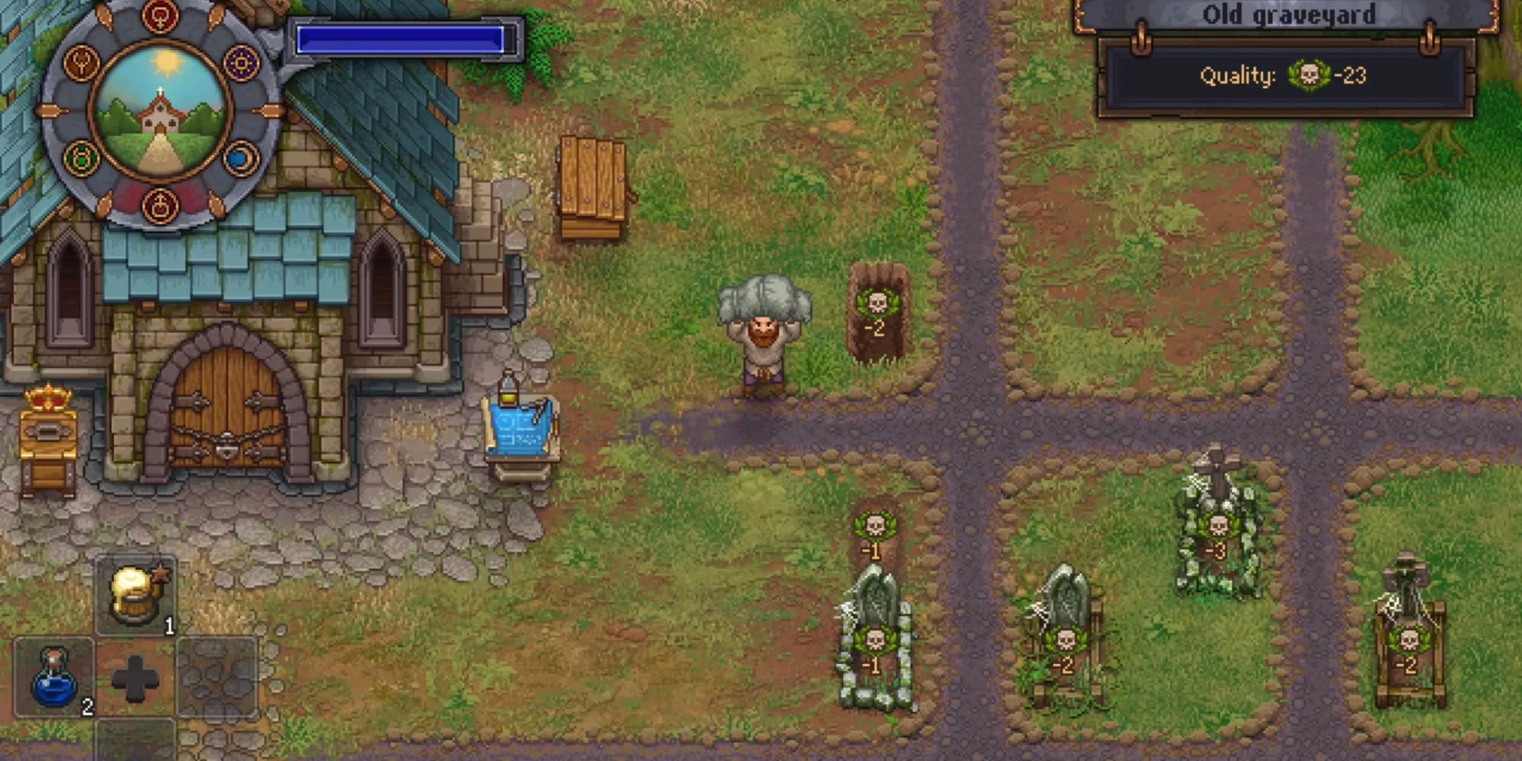 Nhân vật trong Graveyard Keeper đứng giữa khu nhà và nghĩa trang