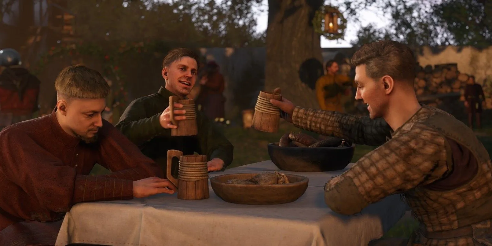 Nhân vật trong Kingdom Come Deliverance 2 đang uống rượu trong một quán rượu, thể hiện không khí thời trung cổ của game.