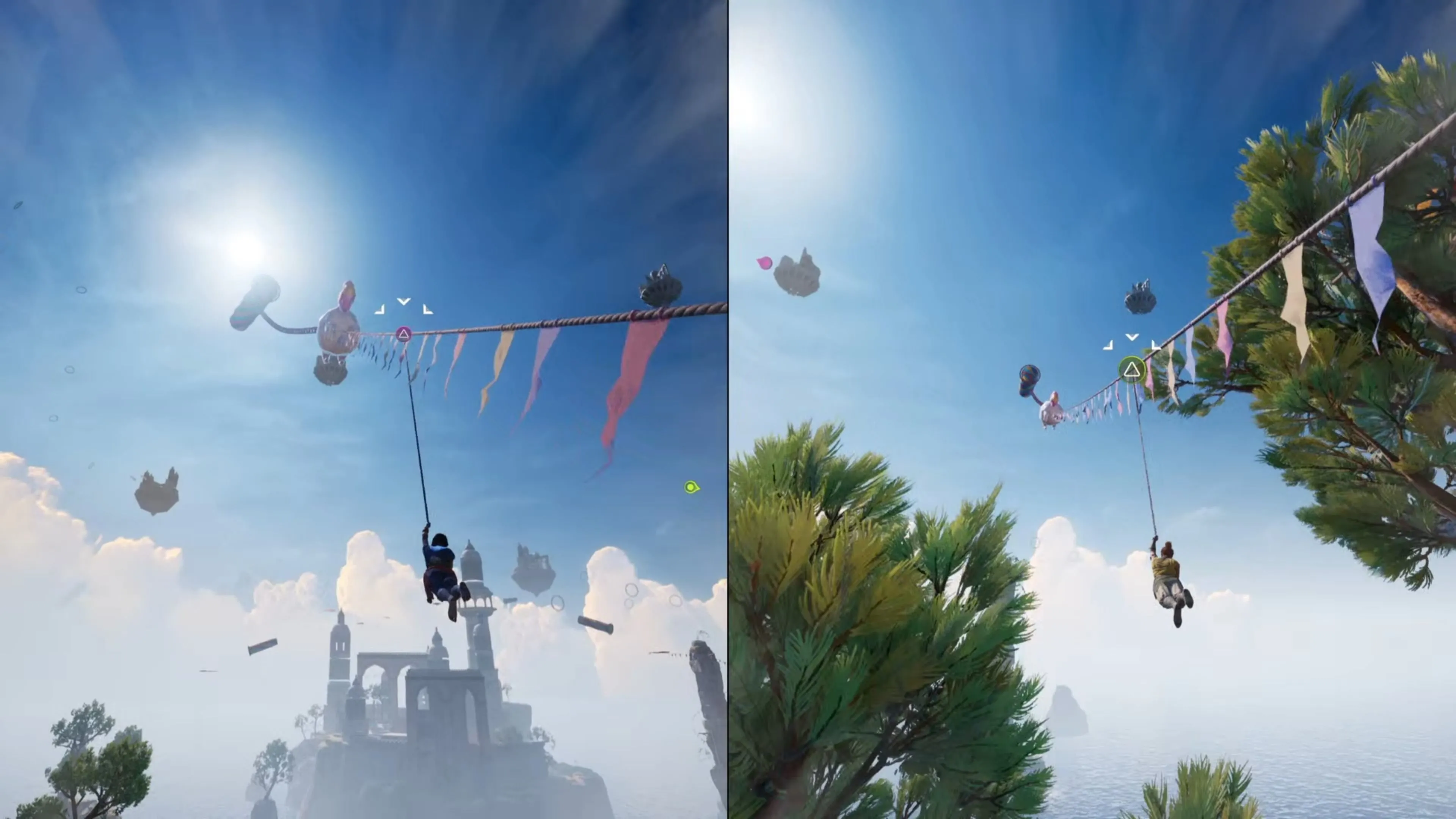 Nhân vật trong Split Fiction đu dây zipline trong phần đầu màn chơi Kites