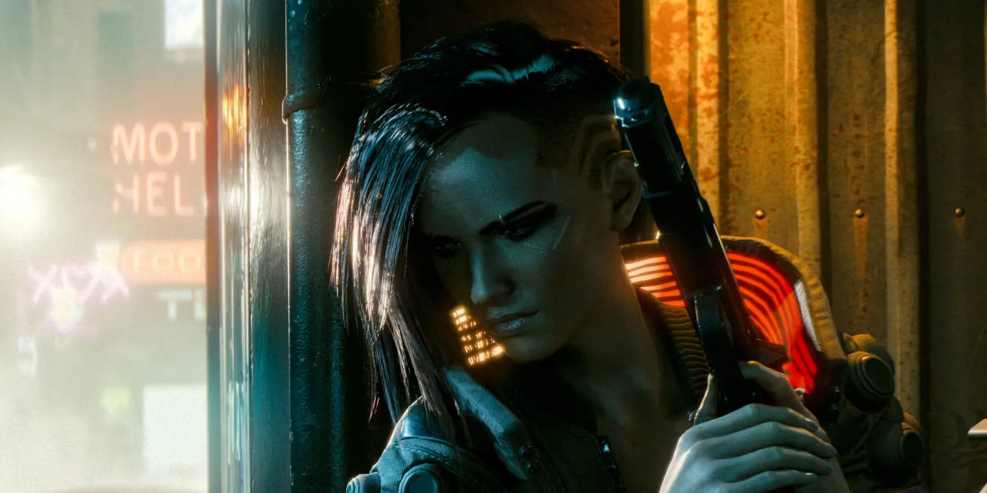 Nhân vật V trong bối cảnh thành phố đêm của Cyberpunk 2077