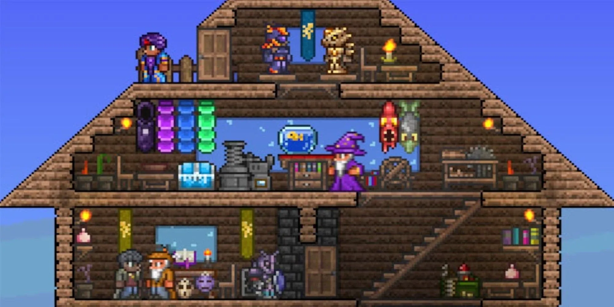 Nhiều nhân vật Terraria trong một căn cứ chung