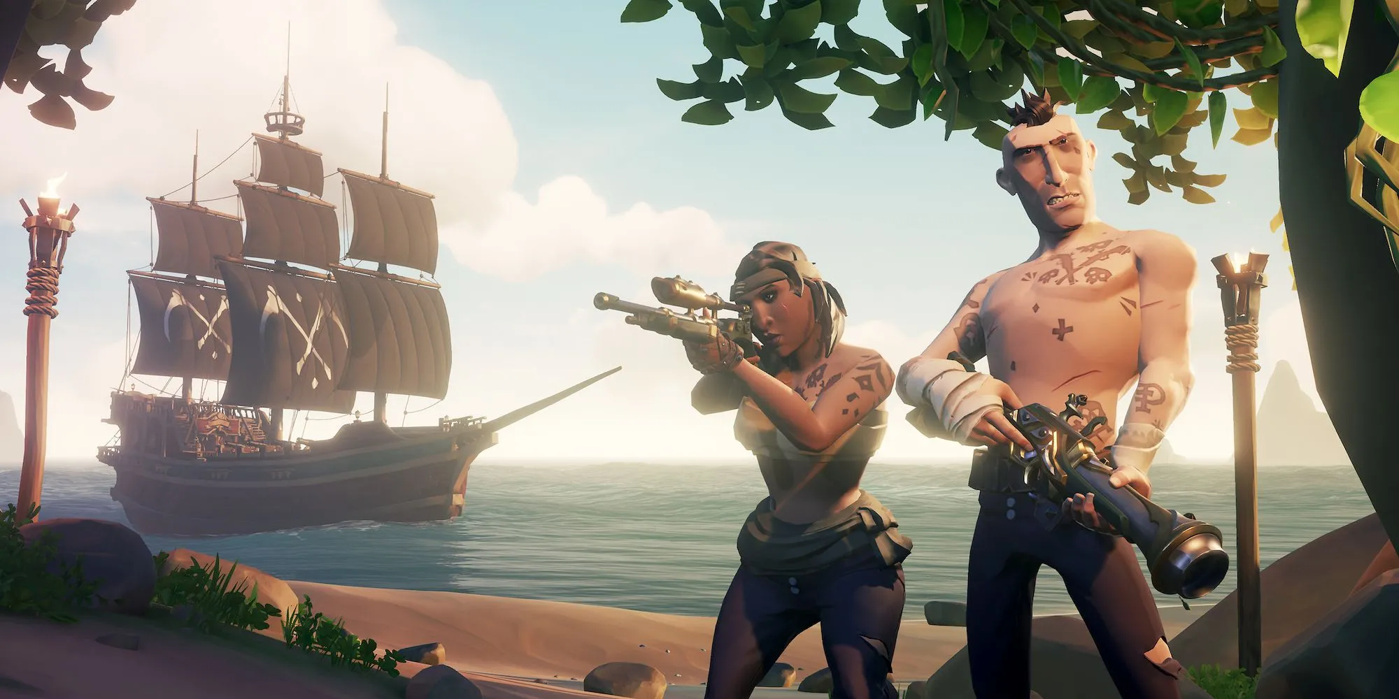 Nhóm cướp biển trong Sea of Thieves đang ngắm bắn từ boong tàu giữa biển khơi.