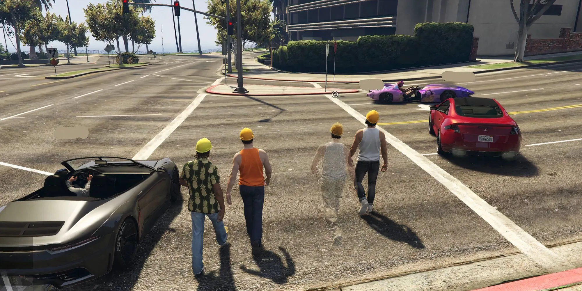 Những chiếc xe hơi bảo vệ các nhà hoạt động trong GTA V Online khi họ băng qua đường.