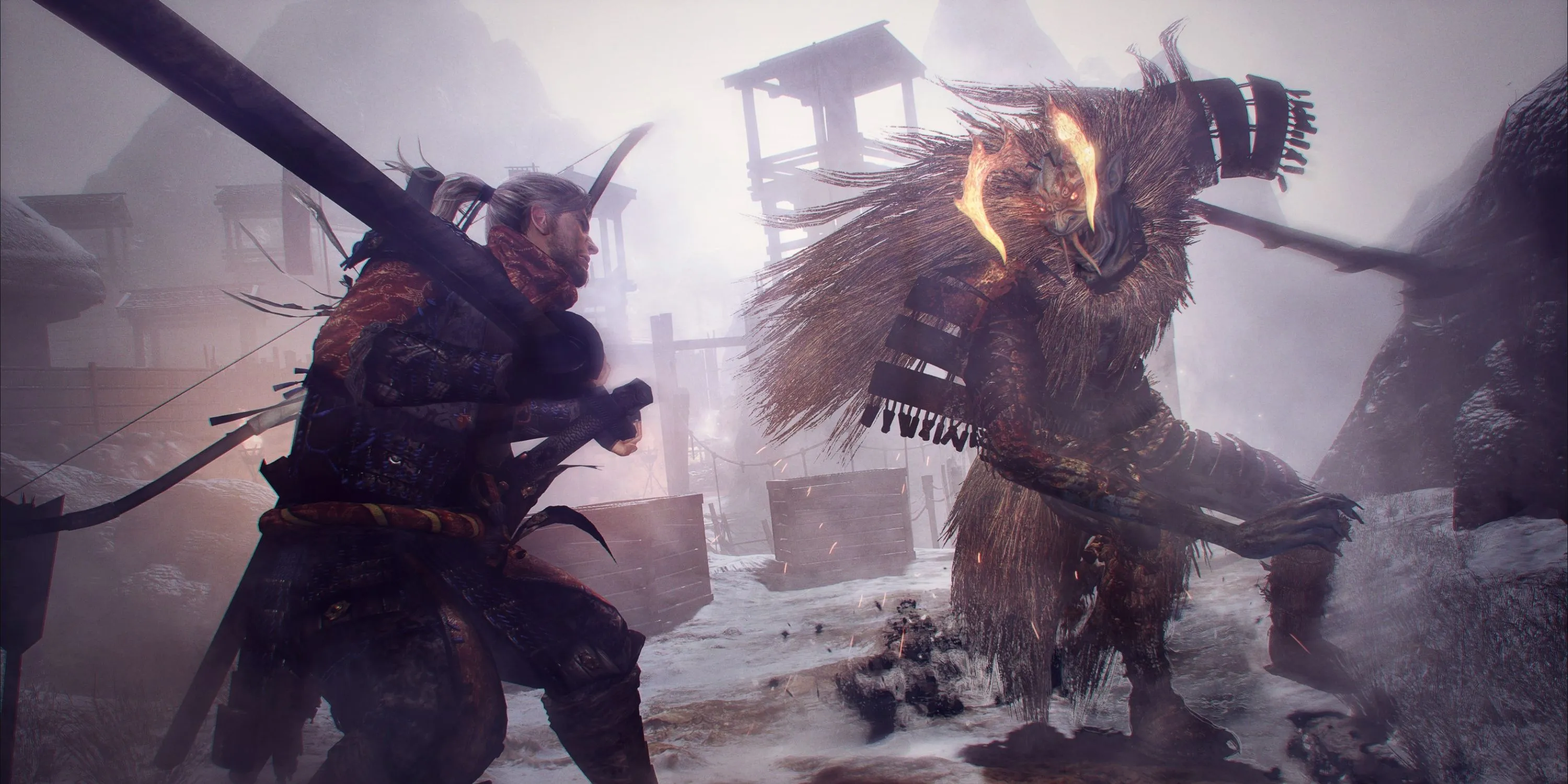 Pha chiến đấu samurai mãn nhãn trong Nioh Remastered, nhân vật chính đối đầu với một yêu quái to lớn