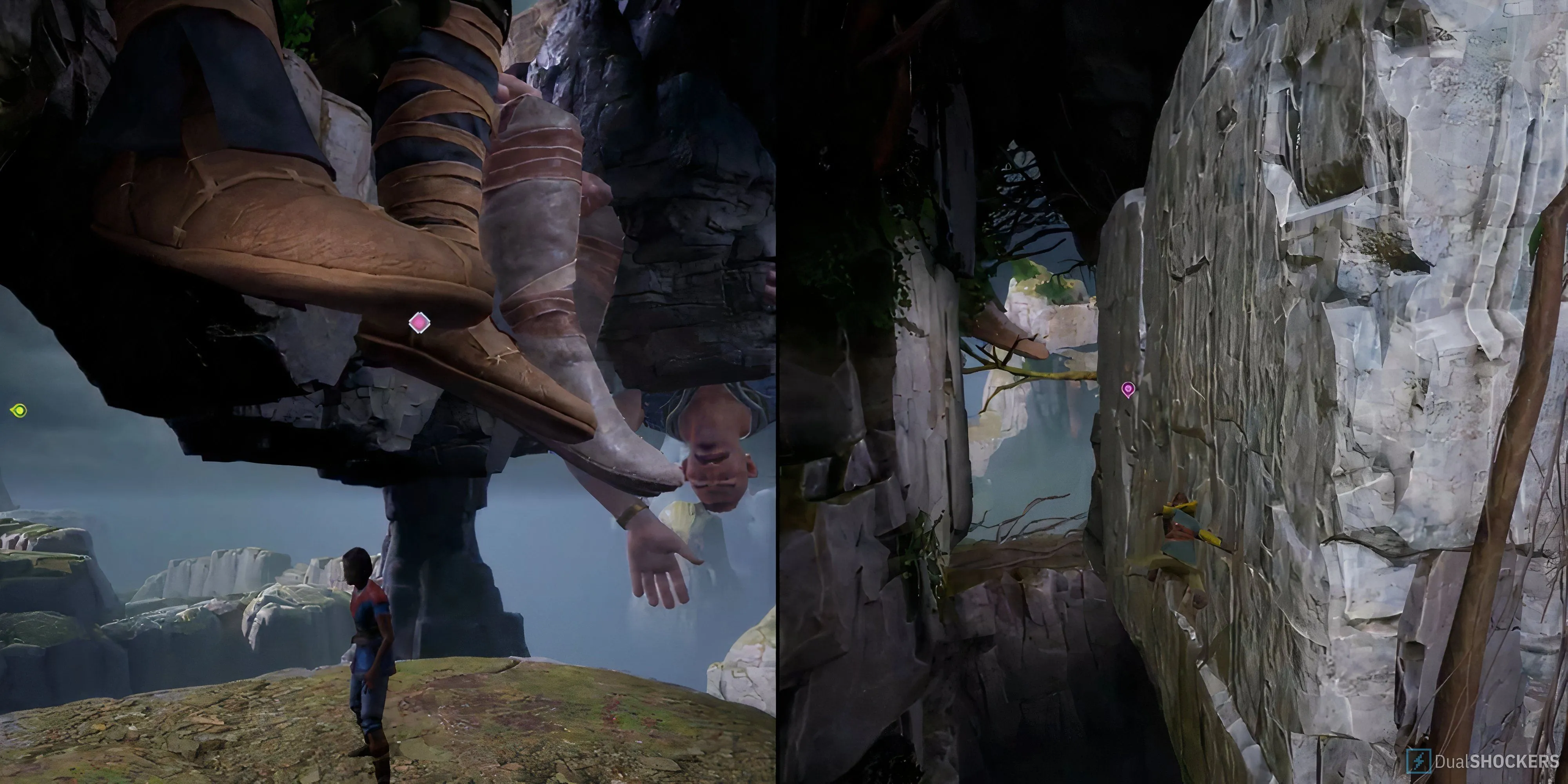 Pha móc bám ngoạn mục qua những bàn chân khổng lồ trong màn chơi Mountain Hike của game Split Fiction