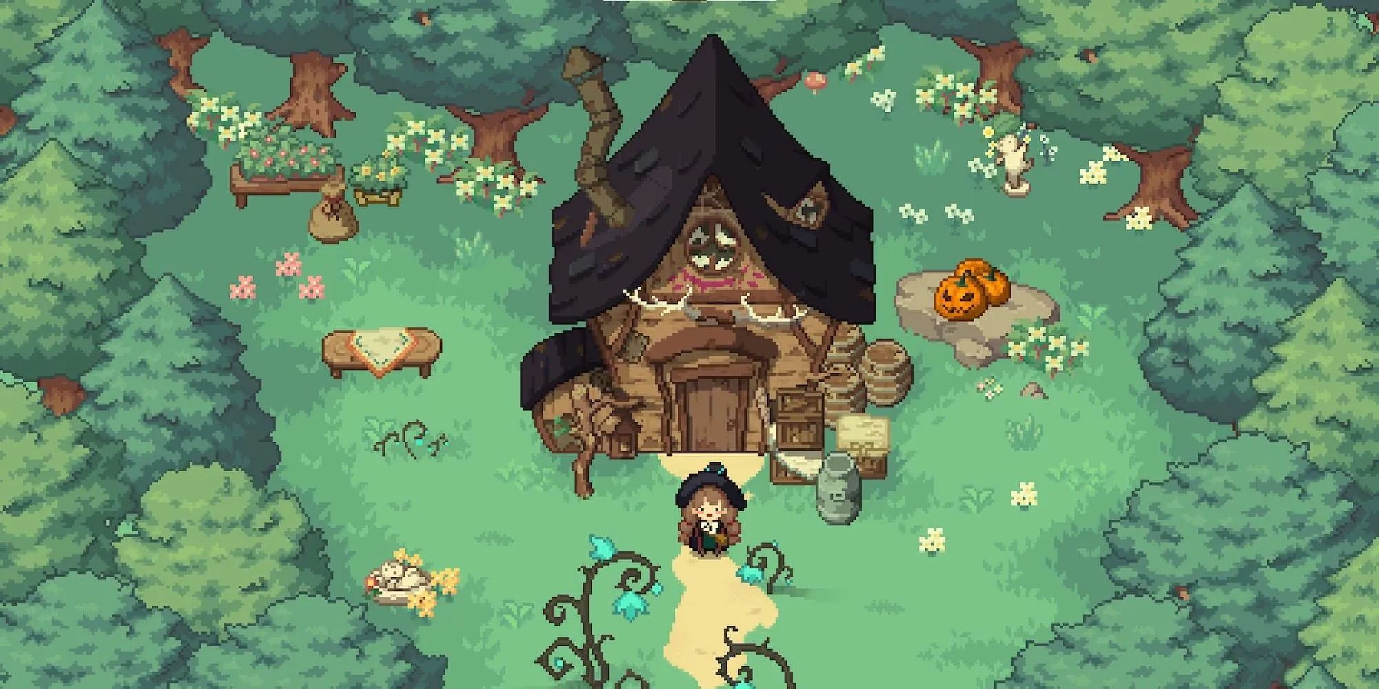 Phù thủy tập sự Ellie đứng trước ngôi nhà nhỏ trong rừng game Little Witch in the Woods