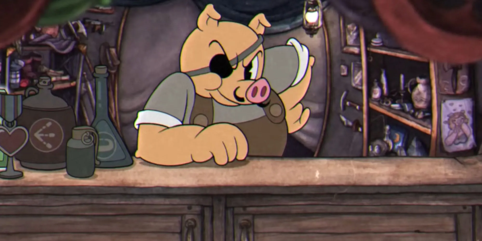 Porkrind chủ tiệm Emporium trong Cuphead với vẻ ngoài cáu kỉnh nhưng bán đồ hữu ích