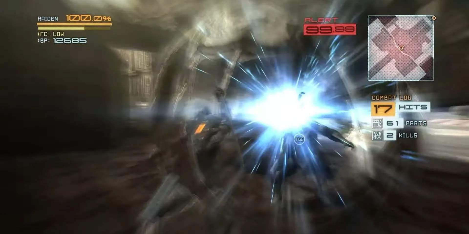 Raiden thực hiện cú parry một đòn tấn công trong Metal Gear Rising: Revengeance