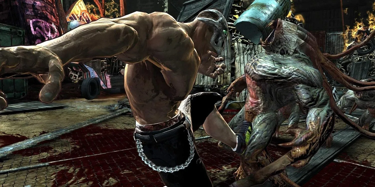 Rick Taylor tung cú đá vào quái vật trong game Splatterhouse 2010