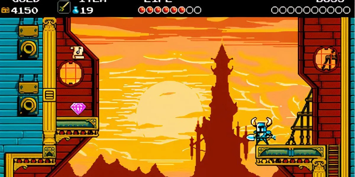 Shovel Knight đứng nhìn tòa lâu đài u ám từ xa trong game platformer Shovel Knight Treasure Trove