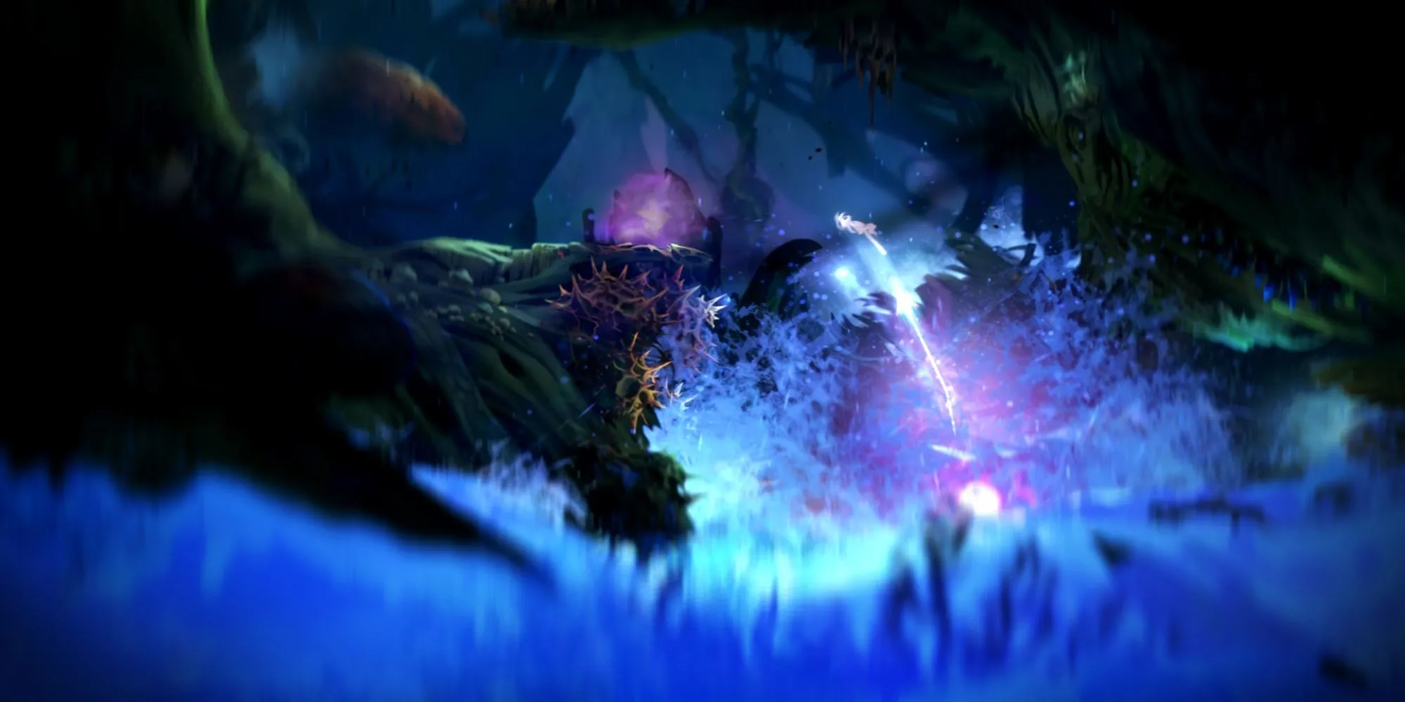 Sinh vật Ori bé nhỏ phát sáng trong khu rừng Nibel kỳ ảo của game Ori and the Blind Forest