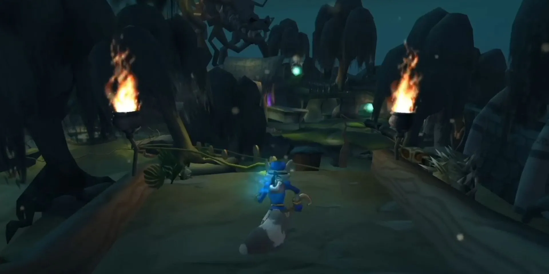 Sly Cooper đang di chuyển lén lút trong một khu rừng rậm Haiti ở Sly Cooper and the Thievius Raccoonus
