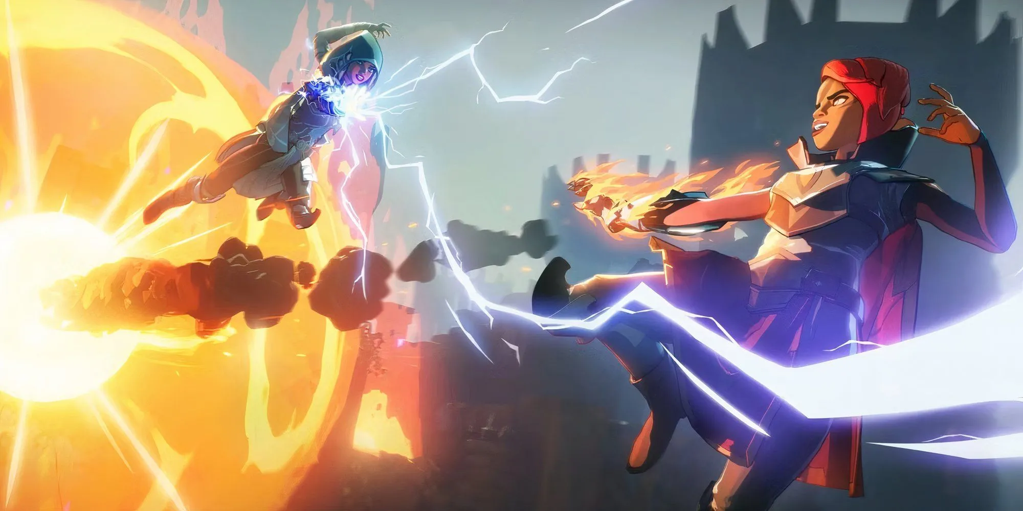 Spellbreak - Cảnh chiến đấu giữa các nhân vật sử dụng kỹ năng nguyên tố trên không.